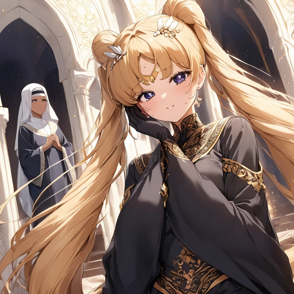 ((Highest quality)), ((masterpiece)), (detailed), （Perfect Face）、Women must wear black hijabs and niqabs、The woman is Tsukino Usagi, a devout Muslim., Arab with bright brown skin, In an Islamic prayer hall、She wears a gorgeous black abaya with gold embroidery.。, A gorgeous black hijab and niqab tightly covers her head, Gorgeous hair ornament, Gorgeous jewellery and engagement rings. The woman and the man are in a luxurious palace, And the woman、Wearing Arab national dress、In an Islamic prayer hall with a dignified bearded middle-aged Arab Muslim man。.、The woman is the elegant Tsukino Usagi, Her long blonde hair was tied in twin tails, Black abaya and、She is wearing a gorgeous, skin-tight black hijab and niqab.. She is a devout Muslim Arab with vibrant brown skin.。.、（The woman was named Tsukino Usagi.、He is a dark-skinned Arab and a devout Muslim.。.）