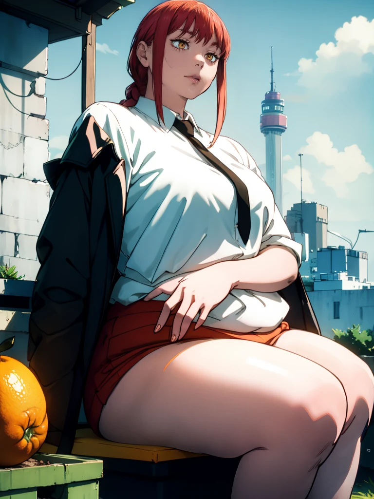 Le personnage Makima de la série animée Chainsaw Man, fragile, obésité morbide, ssbbw, pleine longueur (corps entier 1.1.), fond sombre, obscurité, anatomie correcte 1.1, anatomie correcte de la main, Très féminin, corps gras et rond, grosses Jambes, fesses, beau corps obèse, ventre rond et mou très gras, cheveux roux, Yeux oranges, Cercles rouges pour les écoliers, chemise blanche, jupe noire, cravate noire, pose sexy, réaliste, very détaillé, beau corps, détaillé body, détaillé hands, détaillé, vibrant, détaillé Face, Conception des personnages de Makima. very détaillé, détaillé body, détaillé hands, détaillé Face, Art animé, Hugh Détails, Visage très abattu, détaillé eyes, Illustration ultra fine, Meilleure ombre, détail fin, beautiful détaillé glow, beautiful détaillé, Extraordinairement beau, extremely détaillé, inexpressif, composition épique, Style animé. art animé, Style animé. Jupe noire, chemise blanche, cravatte, pose sexy