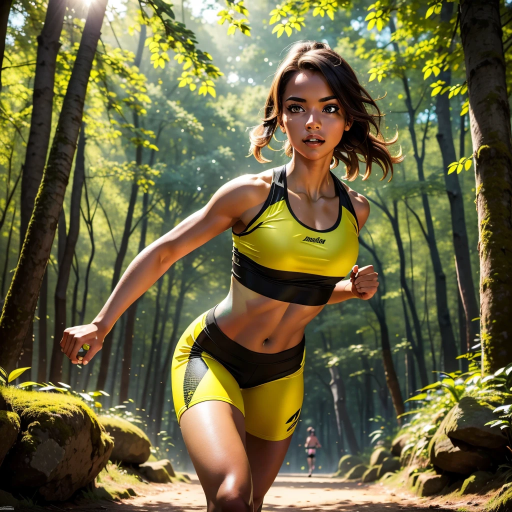 a girl in a full body photo, doing sports, wearing tight yellow and black shorts and top, in a park, forest background, beautiful detailed eyes, beautiful detailed lips, extremely detailed eyes and face, long eyelashes, athletic muscular body, running, dynamic pose, sunlight, vibrant colors, 8k, high quality, photorealistic, concept art, cinematic lighting
