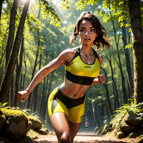 a girl in a full body photo, doing sports, wearing tight yellow and black shorts and top, in a park, forest background, beautifu...