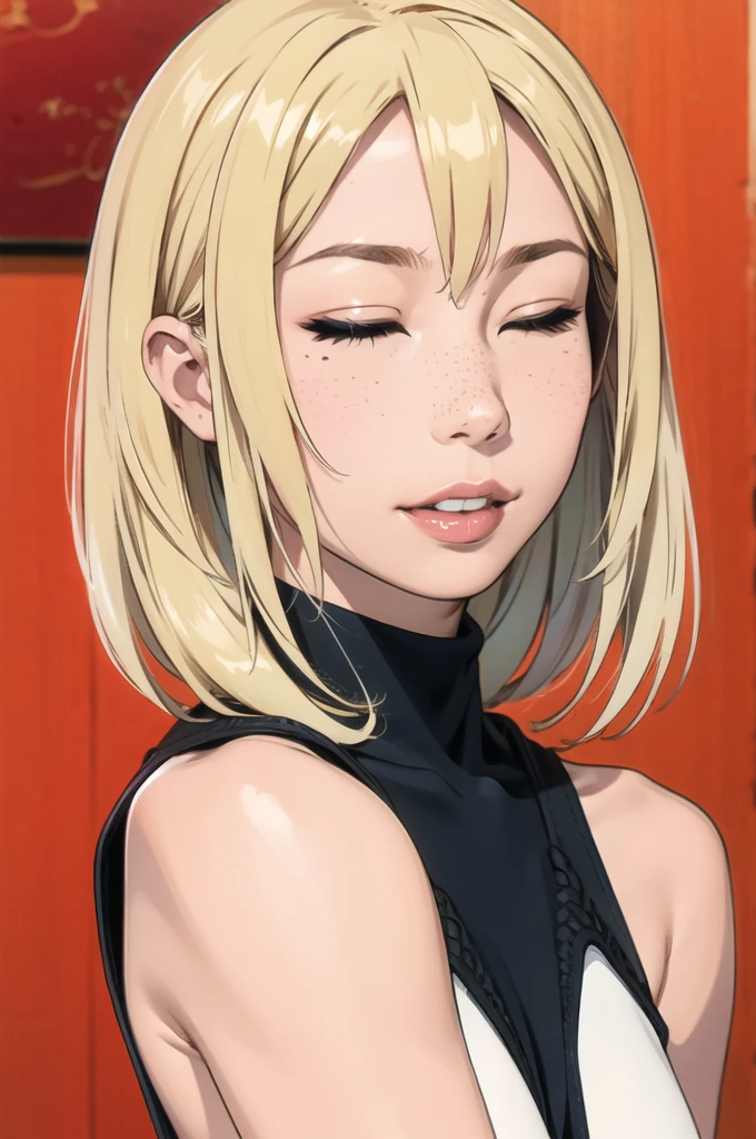 highres, detailed, (photorealistic:1.3), (outlines:1.1), raw palette, limited palette, solo, 1 girl, adult  woman, gorgeous, closed eyes , light blonde razor cut hair, eager, parted lips, natural lips , freckles, long eyelashes, eyeliner, from front, virgin killer aran sweater, sleeveless turtleneck,  sideboob, areola slip, light blue sweater,   simple  background ,