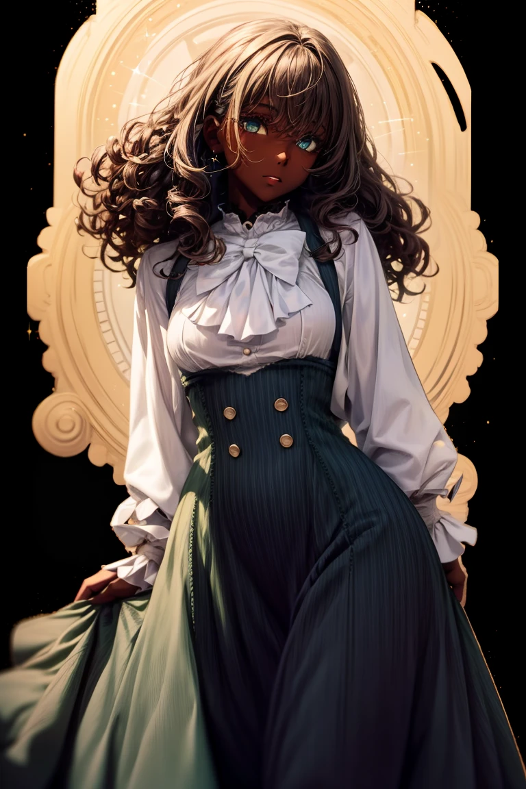 masterpiece, absurdres, 1girl, cowboyshot, tachi-e, mature woman, best aesthetics, medium breasts, wide hips, thick thighs, dark hair, curly hair, textured hair, narrow eyes, dark skin, ankle-length dress, arched nose, soft shading, very detailed face, clean lines, dynamic pose, anatomically correct, hyperdetailed, beautiful lighting, dark atmosphere, dark eyeshadow, good makeup, detailed hair, green eyes, sparkling eyes, telescope, magic, fantasy, medieval, high fantasy, black stockings, comfy, cozy, tareme, medium chest, SFW, long dress, arms behind back, outdoors, constellations in sky, stargazing