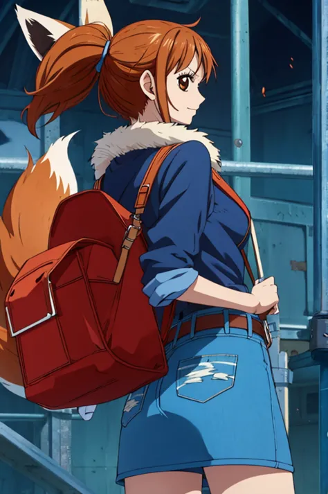 one piece, woman, fox ear, fox tail, jeans jacket, brownhair, eyes browns, red backpack on the back, best qualityer, denim skirt...