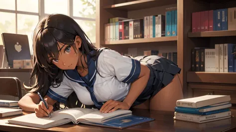 best god quality, ultra-detailed, perfect anatomy, standing up straight, (draw a tomboy excitedly inside a college library), 1gi...