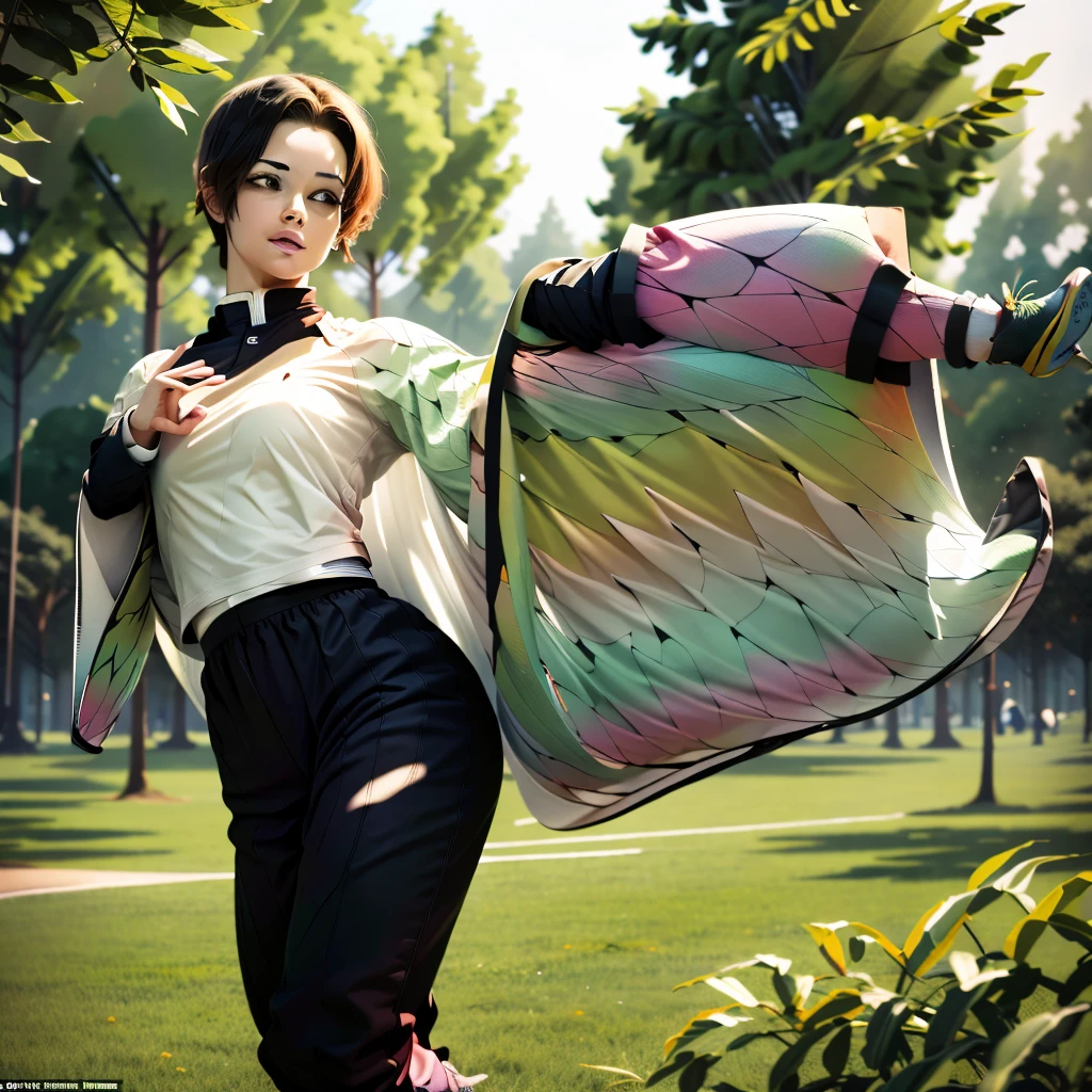 playing sports, in tight yellow and black shorts and top, Against the background of the park, the forest