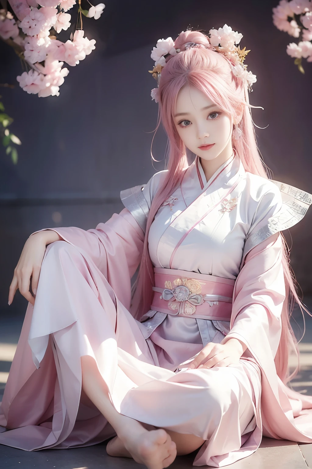 beautiful girl, pink hair, best quality, high resolution, unity 8k wallpaper, beautiful daoists sect background,perfect silver eyes,chinese ancient pink clothes