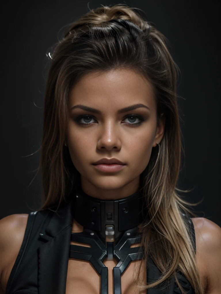 hermosa mujer con (cabeza humana con traje negro | cabeza de cyborg con traje negro:1.2), usando un enorme collar de metal, parte superior del cuerpo, hdr , iluminación cinematográfica, HD, retina, obra maestra, preciso, anatómicamente correcto, piel texturizada, Súper detalle, detalles altos, alta calidad, premiado, mejor calidad, alta resolución, 16k, 8K, 