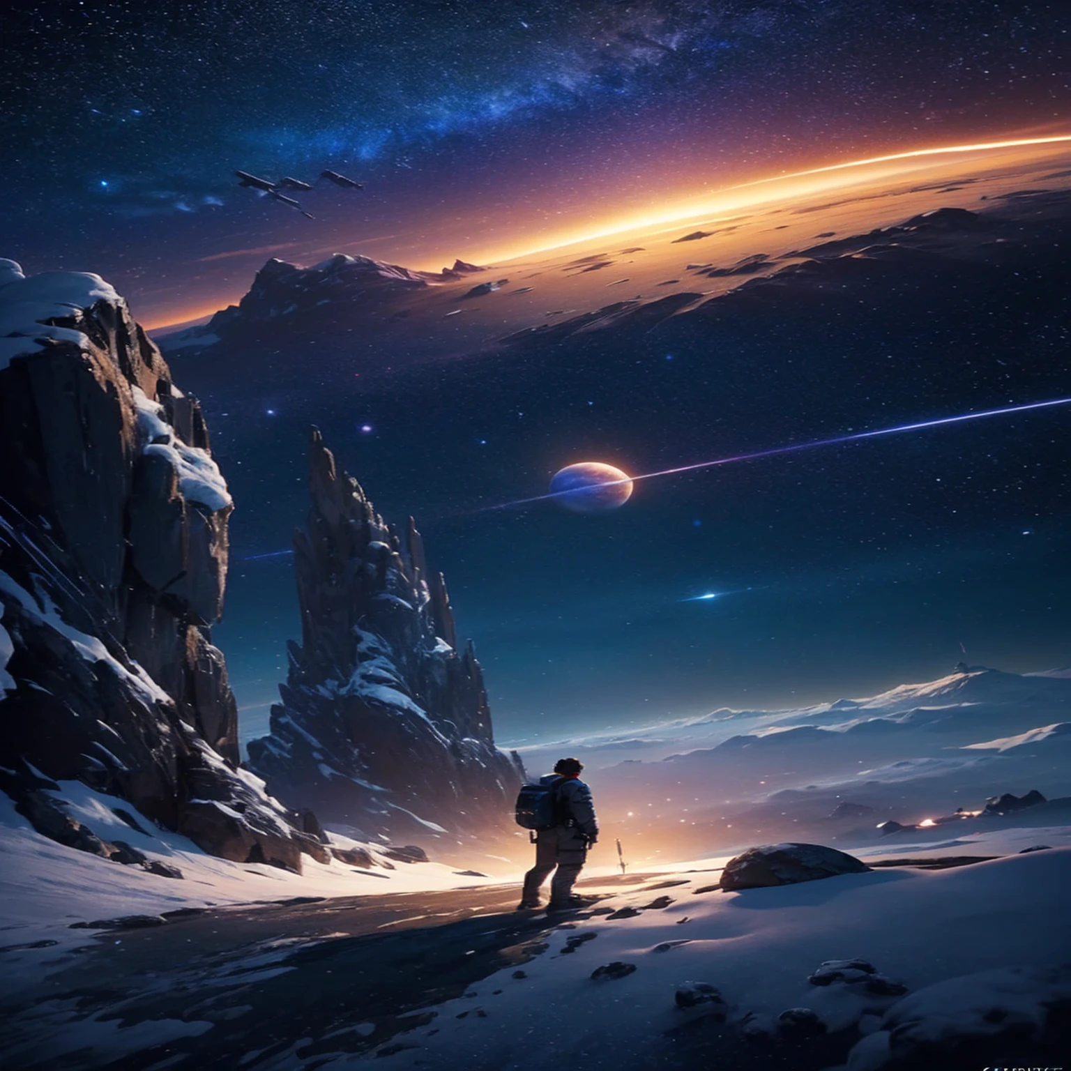 A man standing on a hill，Gaze at a planet and a star in the sky, Inspired by Jessica Rossier, beautiful Science Fiction Art, jessica rossier fantasy art, author：Christopher Balaskas, 4k highly detailed digital art, Sci-fi fantasy wallpaper, Science Fiction Art, inspired author：Christopher Balaskas, Epic fantasy sci-fi illustration, Science Fiction Artwork