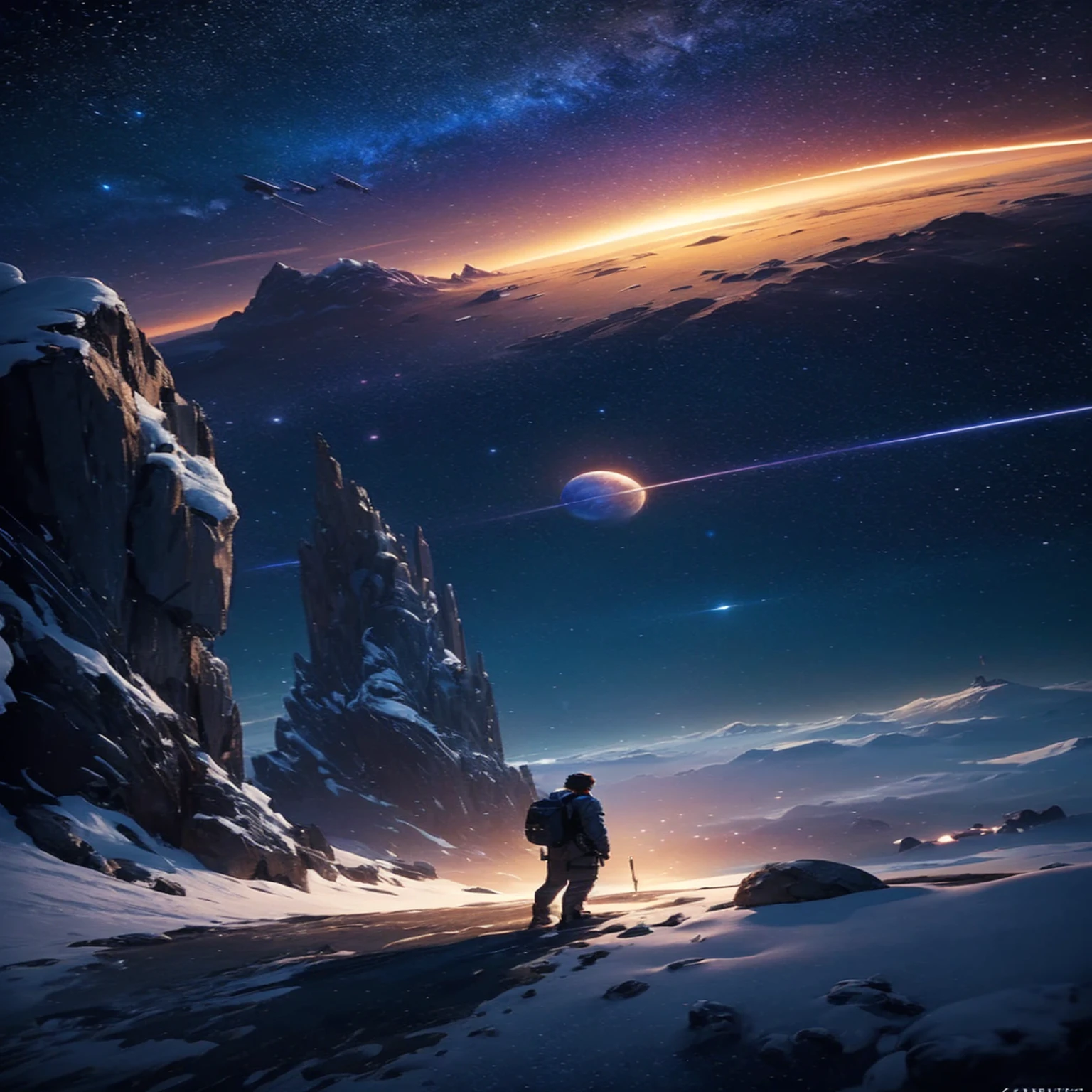 A man standing on a hill，Gaze at a planet and a star in the sky, Inspired by Jessica Rossier, beautiful Science Fiction Art, jessica rossier fantasy art, author：Christopher Balaskas, 4k highly detailed digital art, Sci-fi fantasy wallpaper, Science Fiction Art, inspired author：Christopher Balaskas, Epic fantasy sci-fi illustration, Science Fiction Artwork