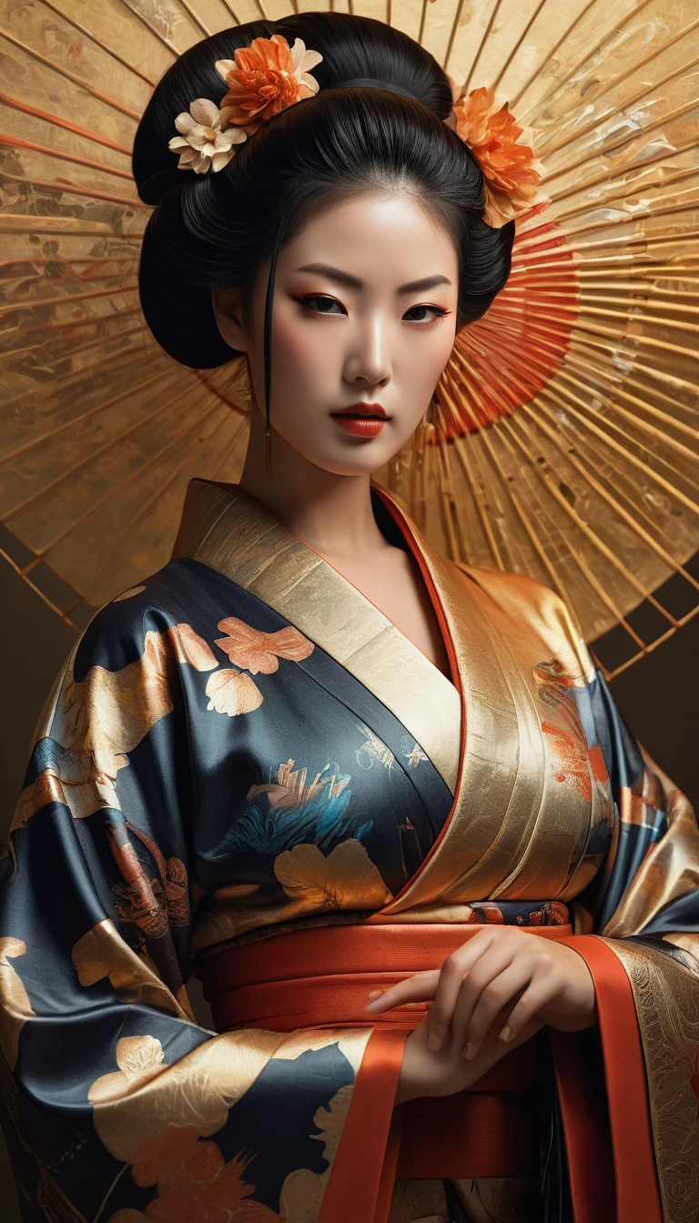 Hyperrealism detailed bio-fi genetic geisha transcendence belle Navigator, curvy, thick, voluptuous, apical kimono fashion, perfect face shading, aesthetics, light vanta black copper coating, blazing gold gloss, connecting glowing flowing hair, QR-Code Glyphs, radio active prismatic molecules, soft impressionist brush strokes, subtle sublime color, canvas texture, tight crop, muted colors, portrait painting, action pose, fill the whole picture, rich hyper details, vivid global light, 3D pristine 8K sleek, perfect inventor composition, realistic impressive shadow shading, WLOP, professional ominous concept art, an intricate, elegant, highly detailed digital painting, concept art, smooth, sharp focus, illustration, in the style of Jackson Pollock