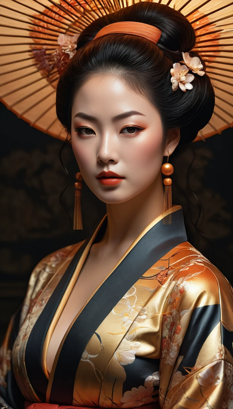 Hyperrealism detailed bio-fi genetic geisha transcendence belle Navigator, curvy, thick, voluptuous, apical kimono fashion, perfect face shading, aesthetics, light vanta black copper coating, blazing gold gloss, connecting glowing flowing hair, QR-Code Glyphs, radio active prismatic molecules, soft impressionist brush strokes, subtle sublime color, canvas texture, tight crop, muted colors, portrait painting, action pose, fill the whole picture, rich hyper details, vivid global light, 3D pristine 8K sleek, perfect inventor composition, realistic impressive shadow shading, WLOP, professional ominous concept art, an intricate, elegant, highly detailed digital painting, concept art, smooth, sharp focus, illustration, in the style of Jackson Pollock