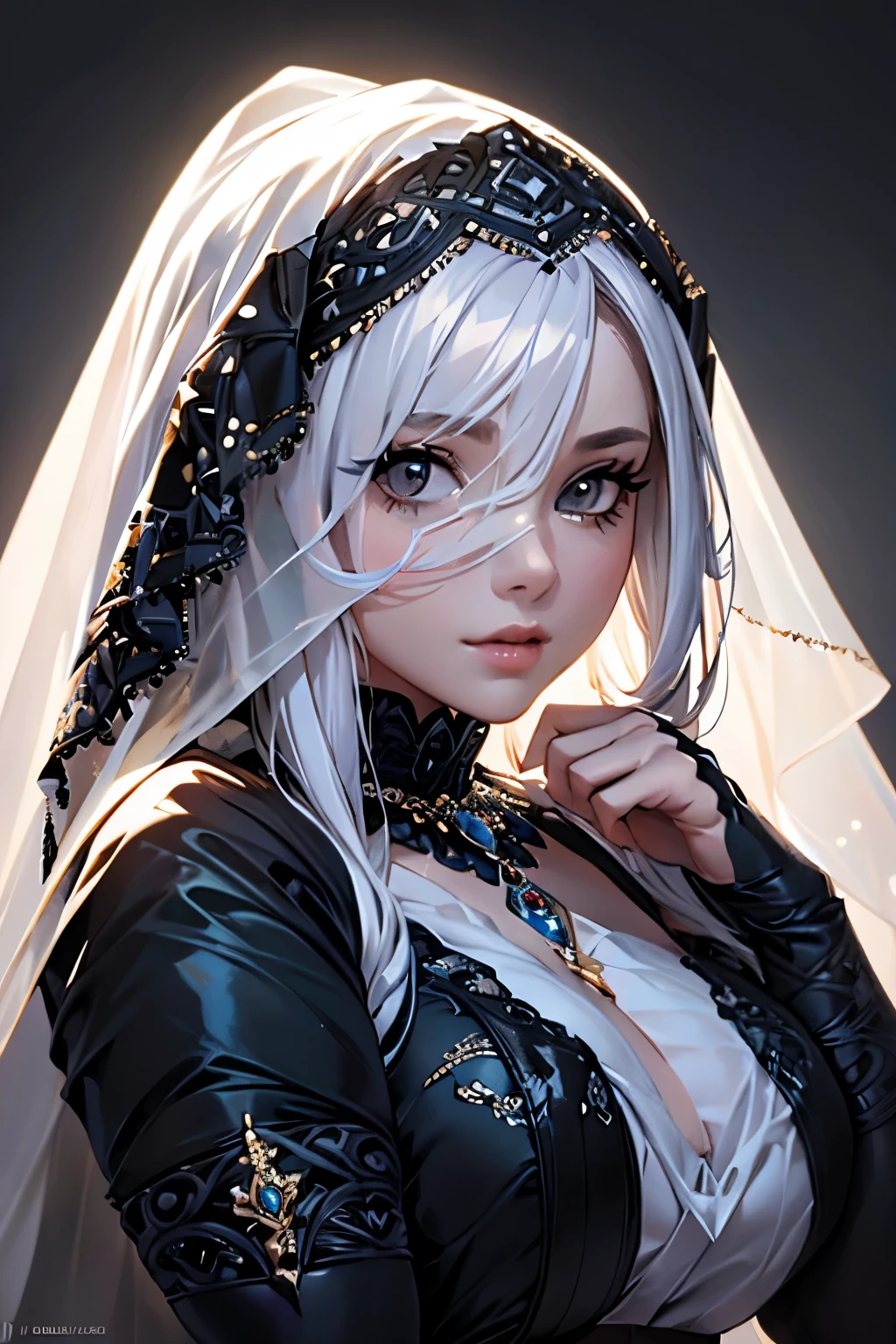 a chubby elegant woman in a white and gold veil covering her eyes, fingers on her lips, long silver nails, black background, photo-realistic, high quality, intricate details, oil painting, dramatic lighting, muted colors, mysterious atmosphere