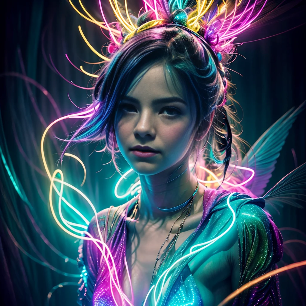 En este hipnótico retrato hiperrealista de Esao Andrews, una cautivadora criatura humano-pájaro con un marco delgado y translúcido, la piel bioluminiscente ilumina la escena. La delicada forma de la criatura emite un asombroso brillo neón, mientras que acaricia tiernamente su encantadora cara de pájaro, que está adornada con una miríada de puntos de neón multicolores que irradian una luz brillante. La atmósfera de ensueño, saturated with a vibrante color palette, transporta al espectador a un mundo de maravilla y misterio, encapsulando perfectamente el estilo característico del artista. The cinematográfico quality of the image makes it suitable for a póster, invitando al público a sumergirse en un reino de encanto e intriga., póster, Foto, vibrante, cinematográfico