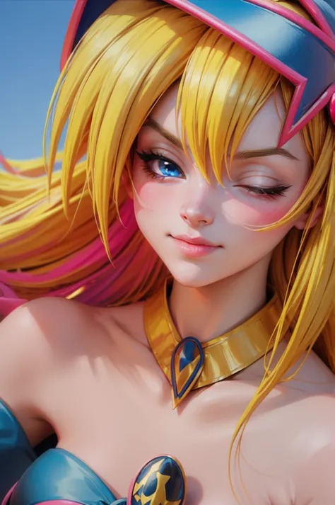 Beautiful face of dark magician gils, blue eyes. pink lips. Long blonde hair. exposed shoulders, angelic smile, beautiful well d...