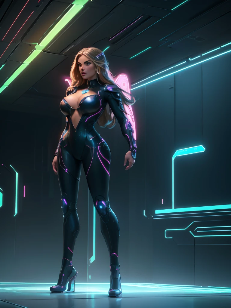 eine schöne weibliche Walküre in einem futuristischen High-Tech-Anzug, Dekollete, dynamische Ganzkörperpose in sexy Pose, fortschrittliche Technologie-Rüstung, neon cyberpunk elements, aufwendige futuristische Mechanik, fotorealistisch, sehr detailliert, 8k, hyperrealistisch, filmische Beleuchtung, digital art, Konzeptkunst