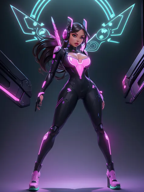 future, neon, tech Valkyrie mechanics , technology bodysuit,tech boots, tech gloves, tech headphones, cleavage, fullbody dynamic...