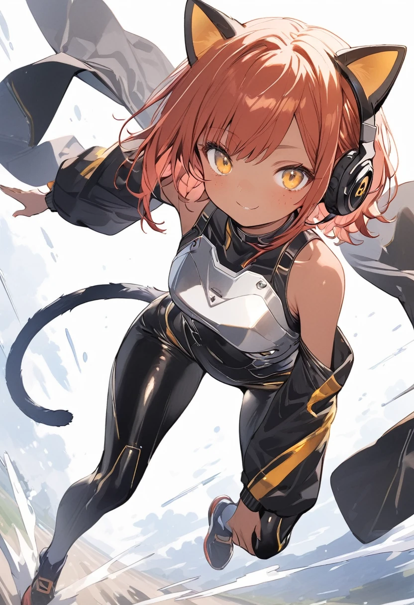 full body,1 woman, 20 years old (cute:1.3),short red Hair, left eye blue, right eye yellow, tan skin, freckles,｛White breastplate, Black futuristic cat ear headphones, Mechanical black glossy metallic Bodysuit, Bare shoulders, oversized jacket, futuristic cat tail, Glossy, shiny material, sprinting across the frame
