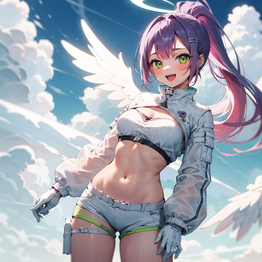 1girl, solo, heaven, clouds, light, cowboy shot, :D, towawhite, (halo), (angel wings, giant wings), high ponytail, very long hair, navel, white crop top, white jacket, cleavage, white shorts, short shorts, navel, long sleeves, white gloves, knee pads 