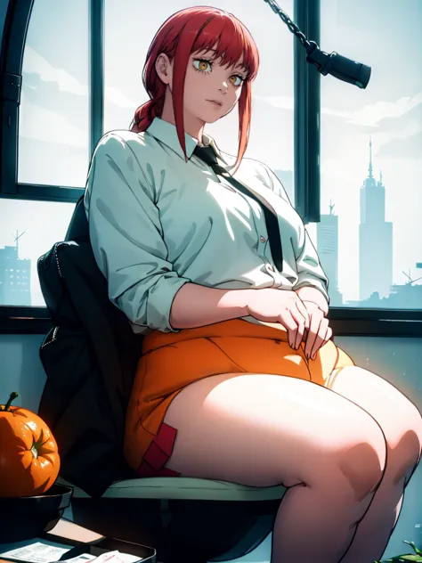 Le personnage Makima de la série animée Chainsaw Man, fragile, obésité morbide, ssbbw, pleine longueur (corps entier 1.1.), fond...