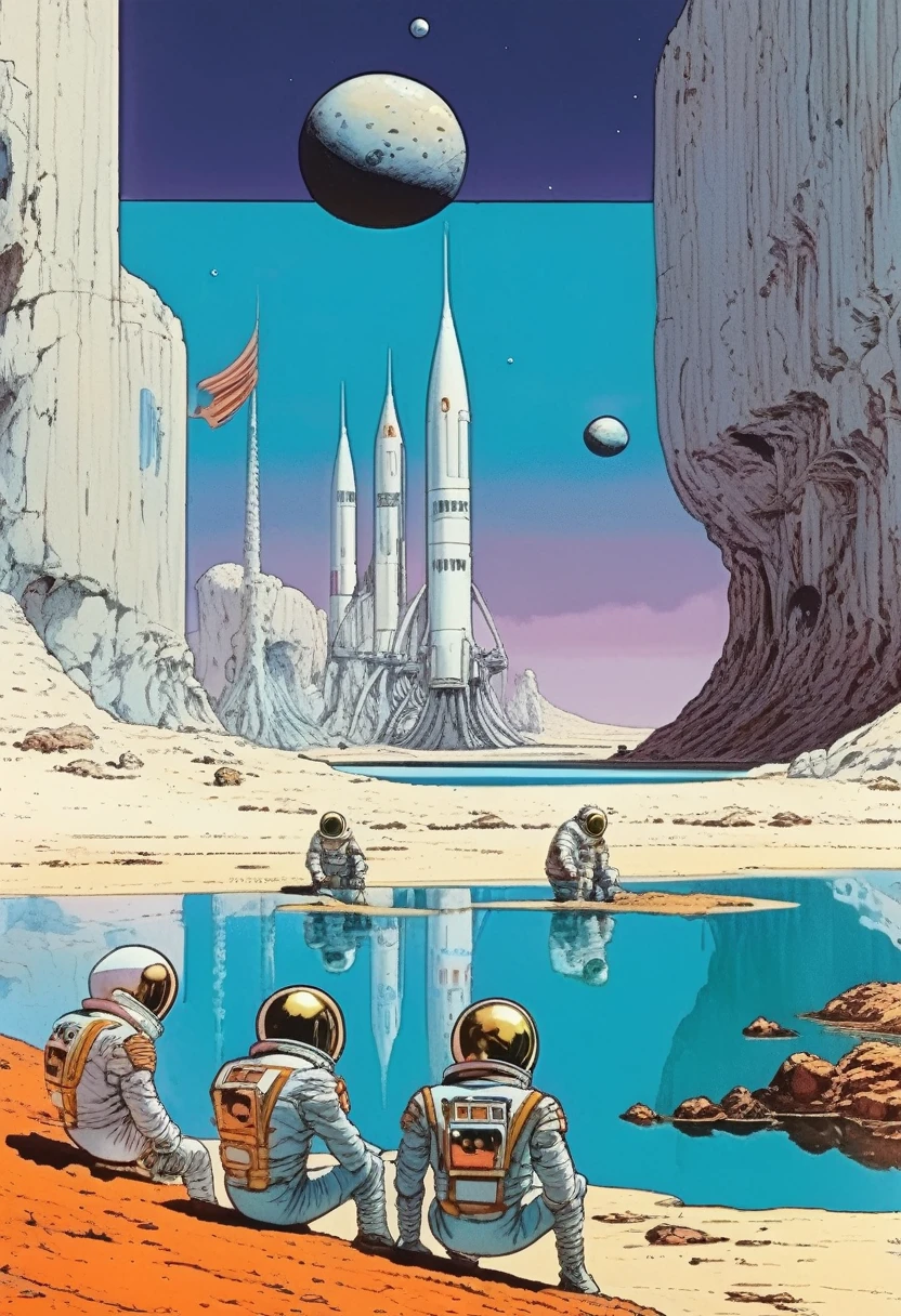 Mobis (Jean Giraud) Style - A picture by Jean Giraud Mobis, The picture shows a group of astronauts resting by the water, Huge white rib background，western backdrop in Mobis' signature style with sharp detailing and vibrant colors. Shot with Panavision Panaflex Gold II and Ultra Panavision 70 lenses, The image is full of film grain and low-key lighting，It creates a mysterious and tense atmosphere.