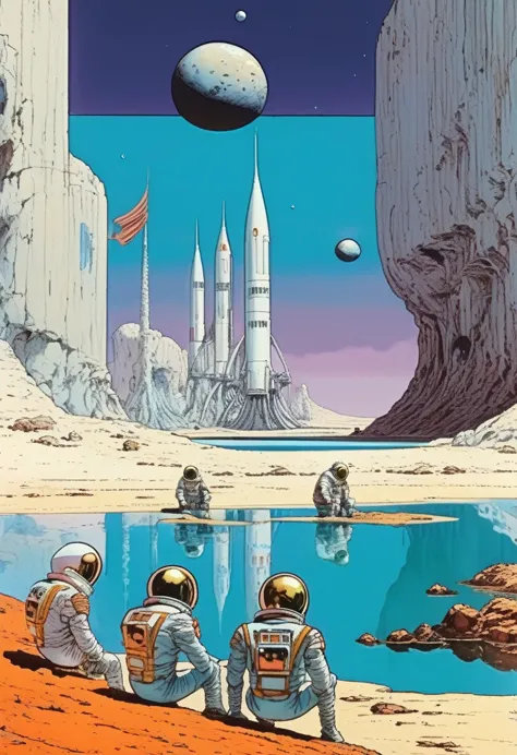 Mobis (Jean Giraud) Style - A picture by Jean Giraud Mobis, The picture shows a group of astronauts resting by the water, Huge w...