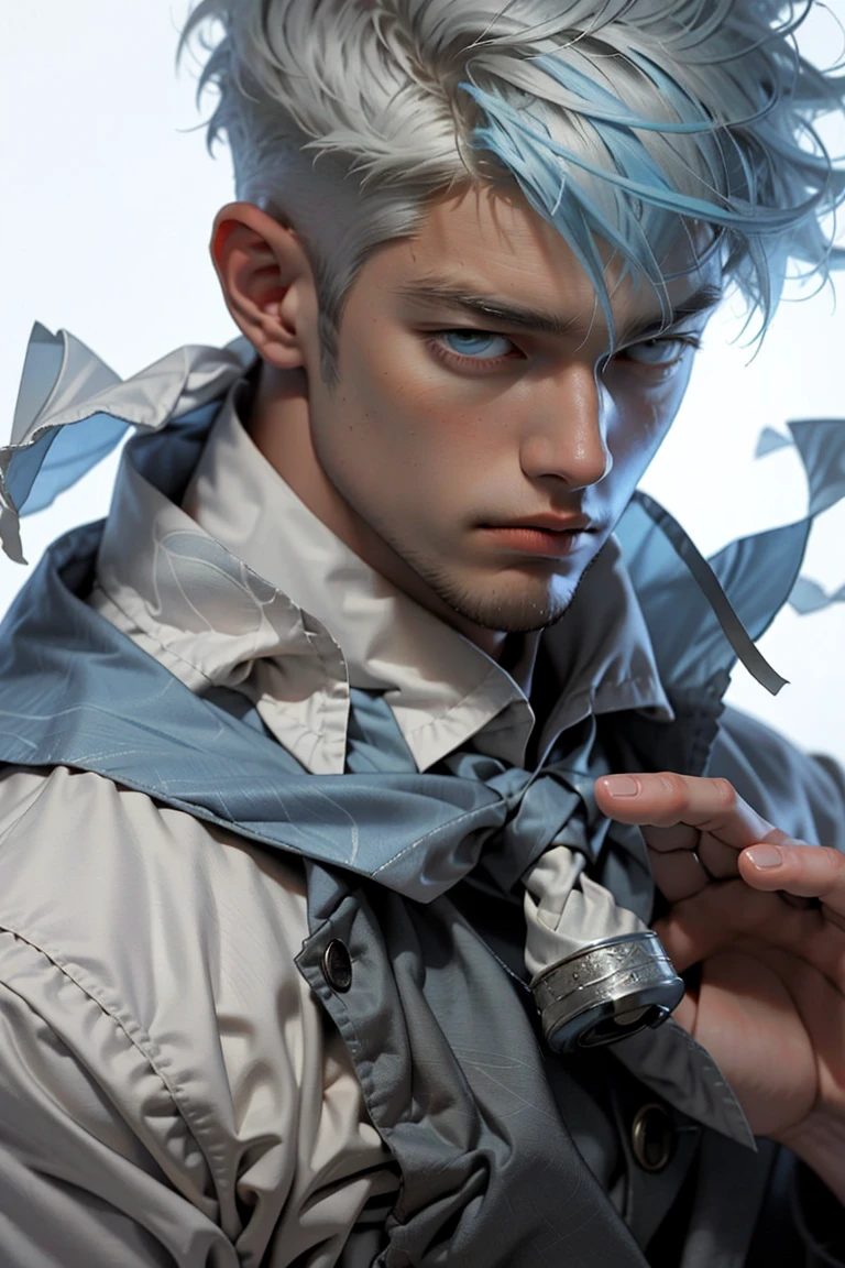 realist，（masterpiece，Alibaba quality，best quality，official art，beauty：1.2），He spoke in great detail，Fractal art，color，More detail，tangled，（Abstract Background：1.5）（1：1.3），Kamiaki，light blue hair，Short hair details，（Clear and bright eyes, Chest muscles，Abistis，(magic)，Handsome man