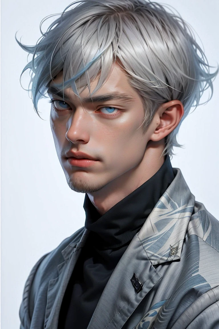 realist，（masterpiece，Alibaba quality，best quality，official art，beauty：1.2），He spoke in great detail，Fractal art，color，More detail，tangled，（Abstract Background：1.5）（1：1.3），Kamiaki，light blue hair，Short hair details，（Clear and bright eyes, Chest muscles，Abistis，(magic)，Handsome man