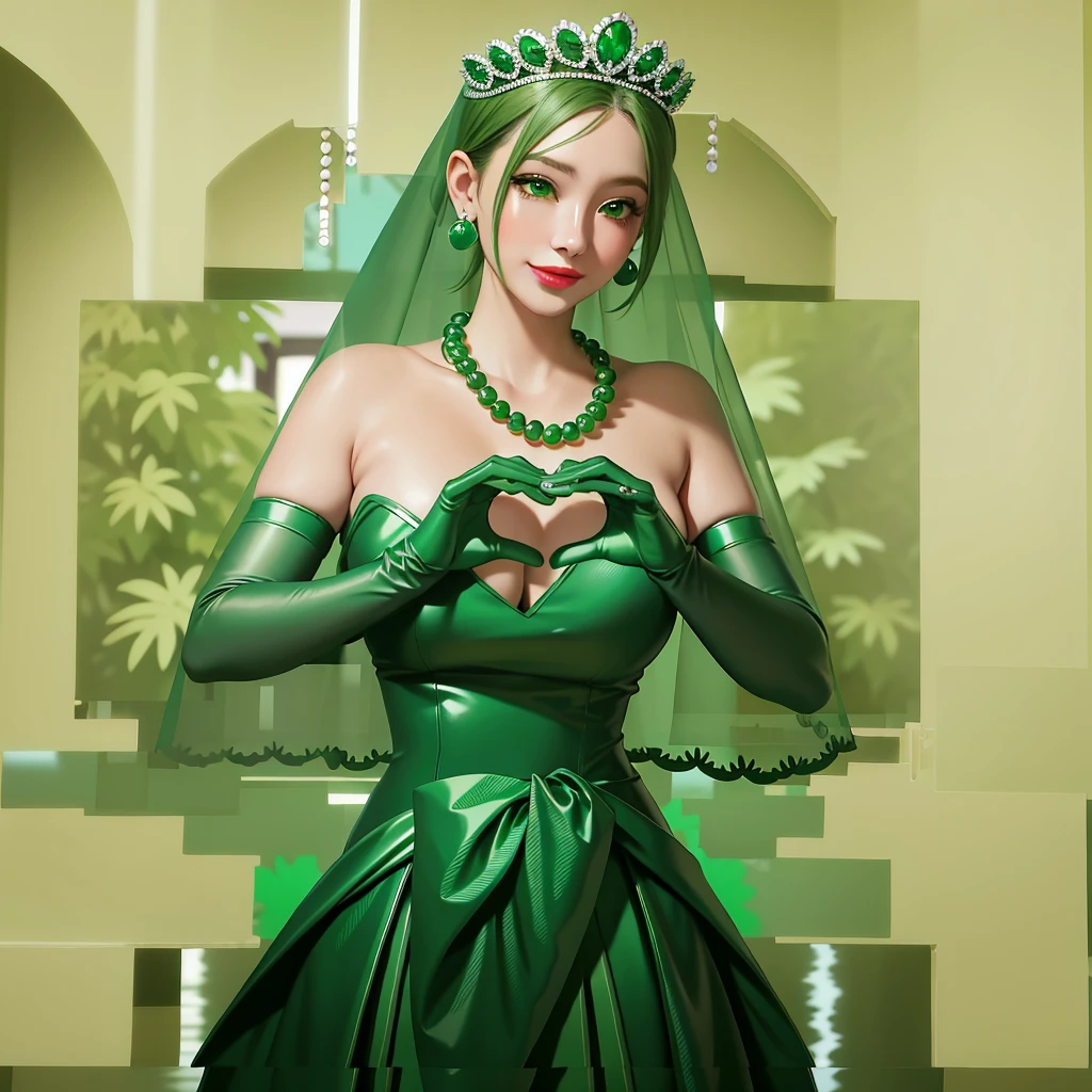 Emerald tiara, colar de pérolas verdes, ボーイッシュな非常に短いcabelo verde, Lábios Verdes, mulher japonesa sorridente, cabelo muito curto, Linda senhora peituda, olhos verdes, Luvas longas de cetim verde, olhos verdes, Brincos Esmeralda, Véu verde, Coração com as duas mãos, cabelo verde, Linda mulher japonesa, mãos em forma de coração:1.3, brilho labial verde
