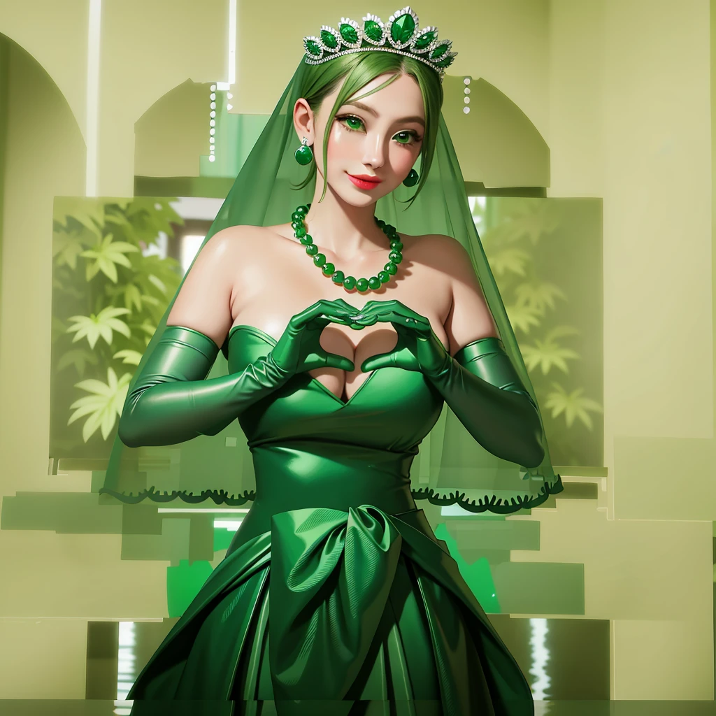 Emerald tiara, colar de pérolas verdes, ボーイッシュな非常に短いcabelo verde, Lábios Verdes, mulher japonesa sorridente, cabelo muito curto, Linda senhora peituda, olhos verdes, Luvas longas de cetim verde, olhos verdes, Brincos Esmeralda, Véu verde, Coração com as duas mãos, cabelo verde, Linda mulher japonesa, mãos em forma de coração:1.3, brilho labial verde