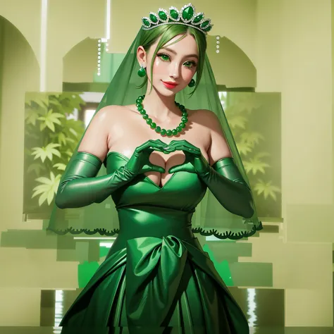 Emerald tiara, Green Pearl Necklace, ボーイッシュな非常に短いGreen Hair, Green Lips, Smiling Japanese woman, Very short hair, Busty beautifu...