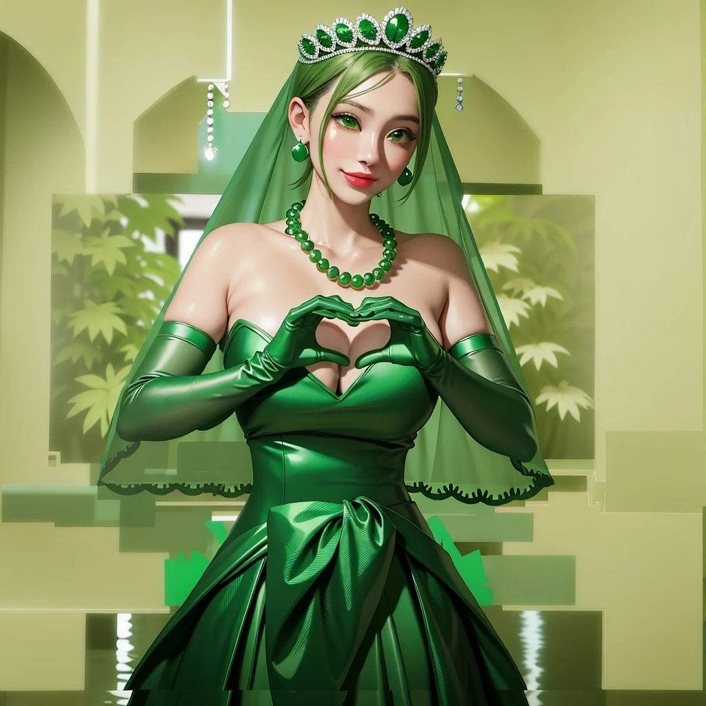 Emerald tiara, colar de pérolas verdes, ボーイッシュな非常に短いcabelo verde, Lábios Verdes, mulher japonesa sorridente, cabelo muito curto, Linda senhora peituda, olhos verdes, Luvas longas de cetim verde, olhos verdes, Brincos Esmeralda, Véu verde, Coração com as duas mãos, cabelo verde, Linda mulher japonesa, mãos em forma de coração:1.3, brilho labial verde