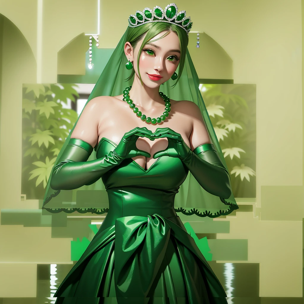 Emerald tiara, Green Pearl Necklace, Boyish very short green hair, Green Lips, Smiling Japanese woman, Very short hair, Busty beautiful lady, Green Eyes, Green satin long gloves, Green Eyes, Emerald Earrings, Green veil, Heart with both hands, Green Hair, Beautiful Japanese Woman, Heart shaped hands:1.3, green lip gloss