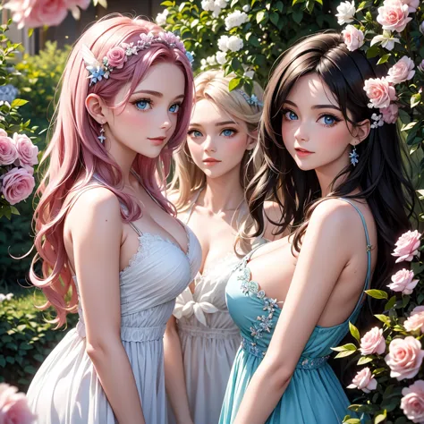 trois belle déesse,  22 ans, les trois graces,  peau brillante cheveux rose vif. ailes de papillon sur le dos, yeux bleu clair d...