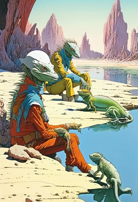 Mobis (Jean Giraud) Style - A picture by Jean Giraud Mobis, The picture shows a group of lizard people resting by the water, Hug...