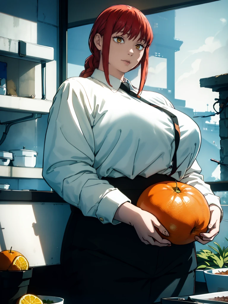 Le personnage Makima de la série animée Chainsaw Man, fragile, obésité morbide, ssbbw, pleine longueur (corps entier 1.1.), fond sombre, obscurité, anatomie correcte 1.1, anatomie correcte de la main, Très féminin, corps gras et rond, grosses Jambes, fesses, beau corps obèse, ventre rond et mou très gras, cheveux roux, Yeux oranges, Cercles rouges pour les écoliers, chemise blanche, jupe noire, cravate noire, pose sexy, réaliste, very détaillé, beau corps, détaillé body, détaillé hands, détaillé, vibrant, détaillé Face, Conception des personnages de Makima. very détaillé, détaillé body, détaillé hands, détaillé Face, Art animé, Hugh Détails, Visage très abattu, détaillé eyes, Illustration ultra fine, Meilleure ombre, détail fin, beautiful détaillé glow, beautiful détaillé, Extraordinairement beau, extremely détaillé, inexpressif, composition épique, Style animé. art animé, Style animé. Jupe noire, chemise blanche, cravatte, pose sexy, ventre énorme et rond, visage gras et gros et bouffi, double menton 