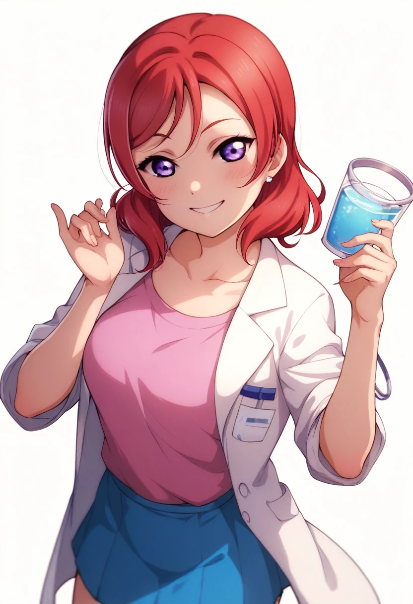 Maki nishikino,love live,highres,red hair ,dolo, purple eyes,blush ,collarbone ,doctor , smile,infirmary ,lab coat , shirt,skirt , white background , standing 