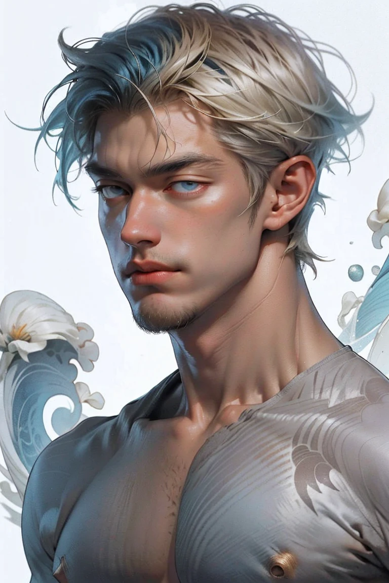 realist，（masterpiece，Alibaba quality，best quality，official art，beauty：1.2），He spoke in great detail，Fractal art，color，More detail，tangled，（Abstract Background：1.5）（1：1.3），Kamiaki，light blue hair，Short hair details，（Clear and bright eyes, Chest muscles，Abistis，(magic)，Handsome nude man,((topless,full body shot))