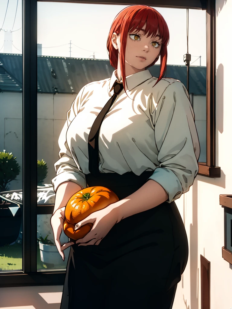 Le personnage Makima de la série animée Chainsaw Man, fragile, obésité morbide, ssbbw, pleine longueur (corps entier 1.1.), fond sombre, obscurité, anatomie correcte 1.1, anatomie correcte de la main, Très féminin, corps gras et rond, grosses Jambes, fesses, beau corps obèse, ventre rond et mou très gras, cheveux roux, Yeux oranges, Cercles rouges pour les écoliers, chemise blanche, jupe noire, cravate noire, pose sexy, réaliste, very détaillé, beau corps, détaillé body, détaillé hands, détaillé, vibrant, détaillé Face, Conception des personnages de Makima. very détaillé, détaillé body, détaillé hands, détaillé Face, Art animé, Hugh Détails, Visage très abattu, détaillé eyes, Illustration ultra fine, Meilleure ombre, détail fin, beautiful détaillé glow, beautiful détaillé, Extraordinairement beau, extremely détaillé, inexpressif, composition épique, Style animé. art animé, Style animé. Jupe noire, chemise blanche, cravatte, pose sexy, yeux jaunes