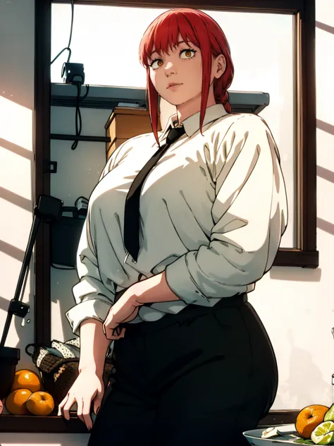 Le personnage Makima de la série animée Chainsaw Man, fragile, obésité morbide, ssbbw, pleine longueur (corps entier 1.1.), fond...