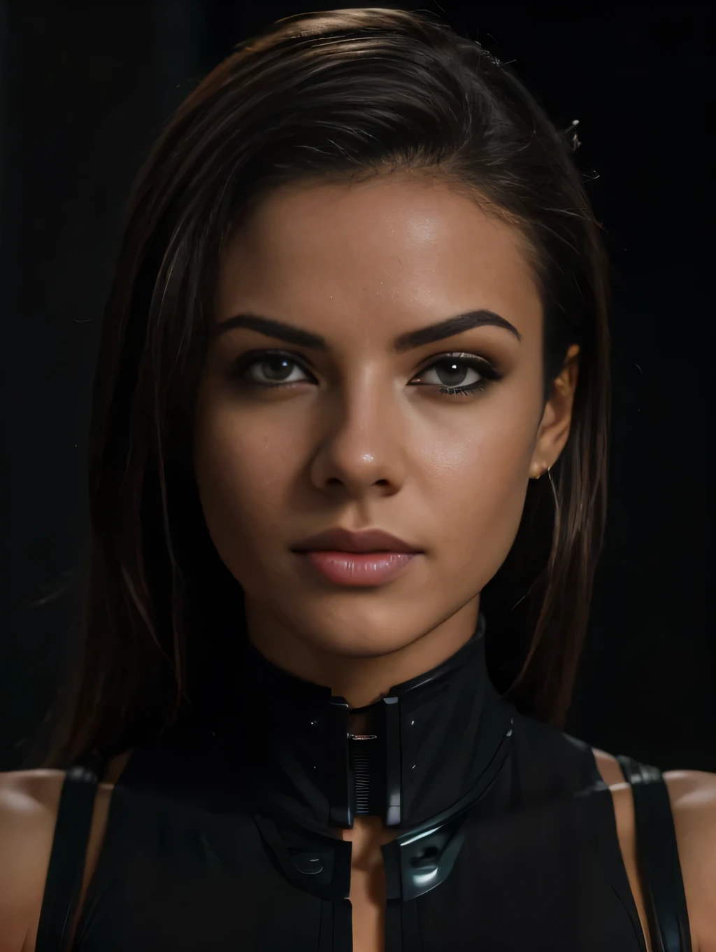 Limda mulher com (human head wearing black suit | cyborg head wearing black suit:1.2), HDR , cinematic lighting, UHD, retina, masterpiece, accurate, anatomically correct, textured skin, super detail, high details, high quality, award winning, best quality, highres, 16k, 8k, Hair Backward, selfie