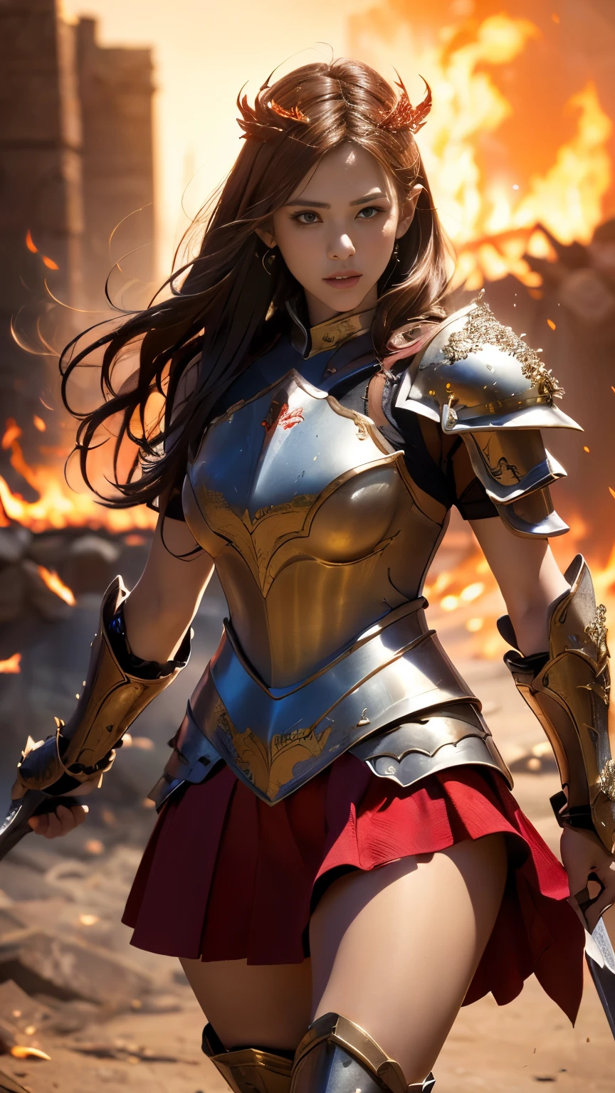 Very beautiful woman、Slender women、(Detailed face)、Realistic Skin、((Knight of Fire)), (((Red Armor:1.25)))、((((Black armor with very fine and intricate decoration))))、((Delicate photo))，(Girl Astepeace RAW Photo Details:1.25), (highest quality:1.6), (超A high resolution:1.5), (Realistic:1.75), 8K resolution, Canon EOS R5, 50mm, Absurd, Ultra-detailed,Cinema Lighting,Battlefields of Medieval Europe、((battle))、RPG World、Final Fantasy、(((Embellished skirt)))、Thigh-high socks、Shin Guards、night、、Get six-pack、Torn Cloak、Beautiful Armor、(((Giant Sword)))、In combat、The wind is blowing、(((Inferno filling the entire area)))、(((Leading a large group of red knights)))、(((Knight Commander)))、Armor with a Phoenix motif、Old scar on right cheek:1.2、((Fire blaze))、(((Battle Scene)))