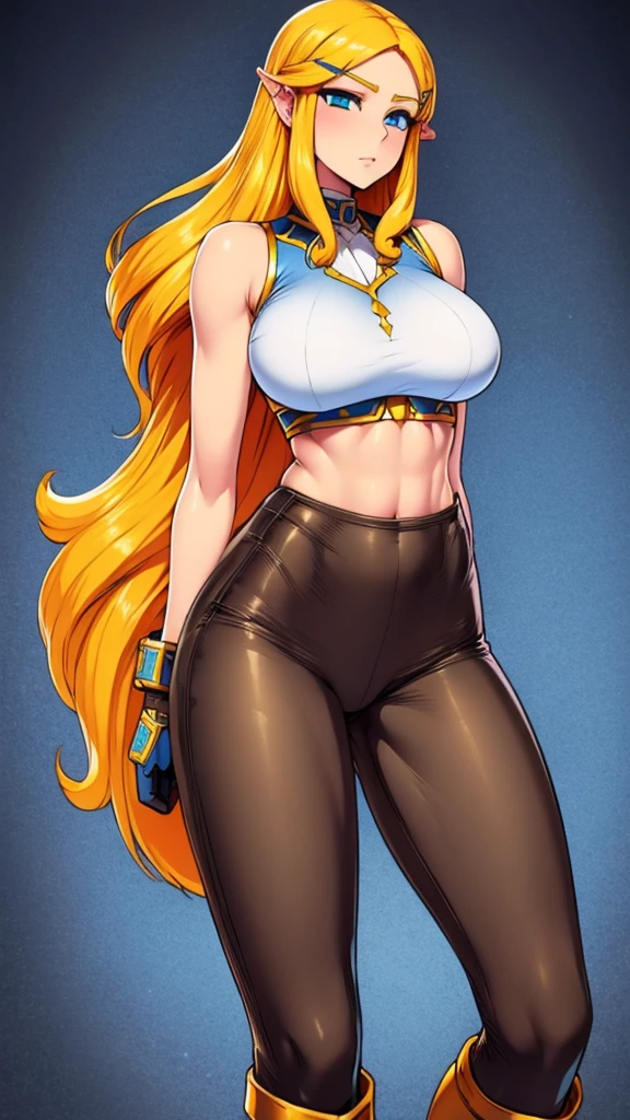 Sexy girl big breast cute cavalry long straight curly yellow hair her blue eye wears blue sleeveless top shows navel and long metallic black pants big thigh sexy brown boot 