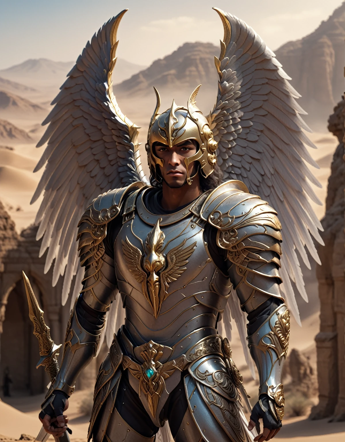 Mann mit Flügeln und Schwert, In der Wüste stehen, geflügelt human, Erzengel, wearing geflügelt helmet, Winkel der Panzerung mit Flügel, darstellen in Unreal Engine im Stil von Saint-Saëns, Vogelkrieger, Nephilim, Metal wings, Ägyptischer Gott of thunder, Cyborg Wing, Foto Geist Anubis, Luzifer, Engel in Plastikrüstung, geflügelt, Ägyptischer Gott, angel gold armor