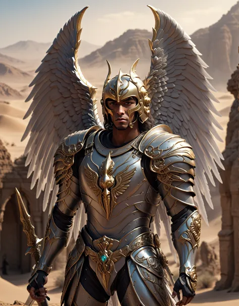 man with wings and sword, Standing in the Desert, winged human, archangel, wearing winged helmet, Angle of armor with wing, rend...