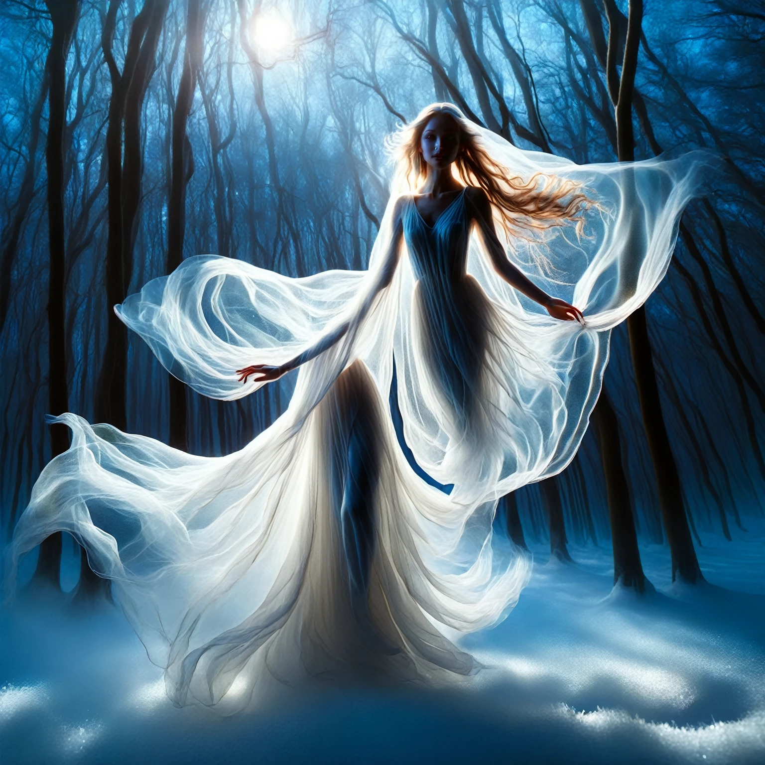 拉尔神话, 月光仙女, 优雅的身影散发着月光的柔和光芒. 美丽迷人的眼睛. 她彻夜跳舞, 她的动作飘逸流畅, 她在黑暗中散发出平静的光芒, 被白雪覆盖的迷人森林, 转运,幽灵风格,