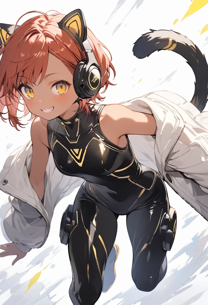 full body,1 woman, 20 years old (cute:1.3),short red Hair, left eye blue, right eye yellow, tan skin, freckles,｛White breastplate, Black futuristic cat ear headphones, Mechanical black glossy metallic Bodysuit, Bare shoulders, oversized jacket, futuristic cat tail, Glossy, shiny material, sprinting across the frame
