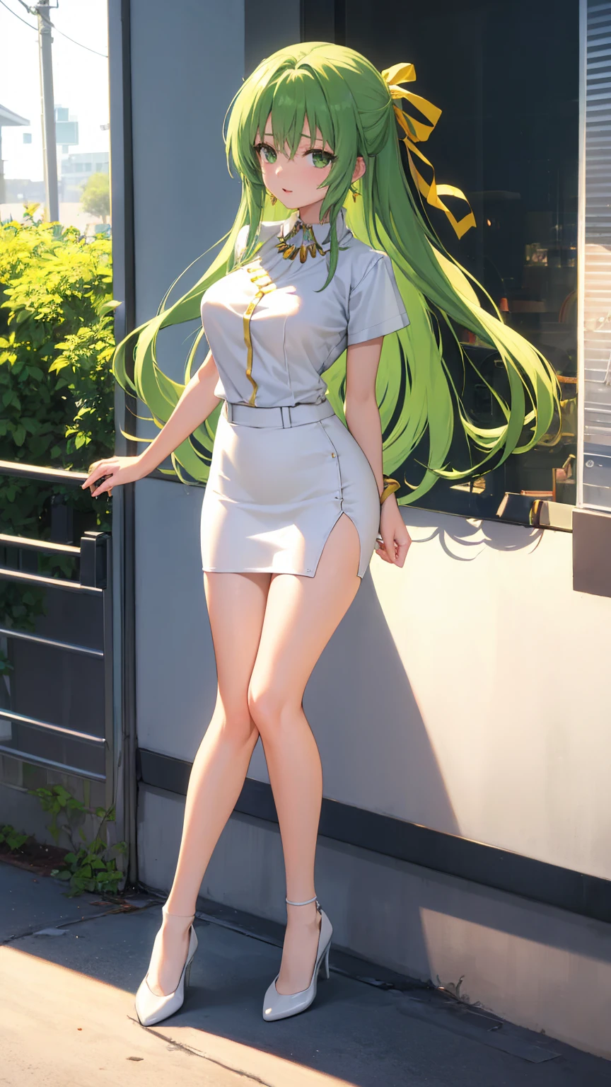 masterpiece, best quality, ultra-high-detailed,Sonozaki Shion, green hair, green eyes, long hair, yellow ribbon, White Necklace, Earrings, White Shirt, White Pencil Skirt, White Indigo Pantyhose, Heel Shoes, ((Full-body Shot))