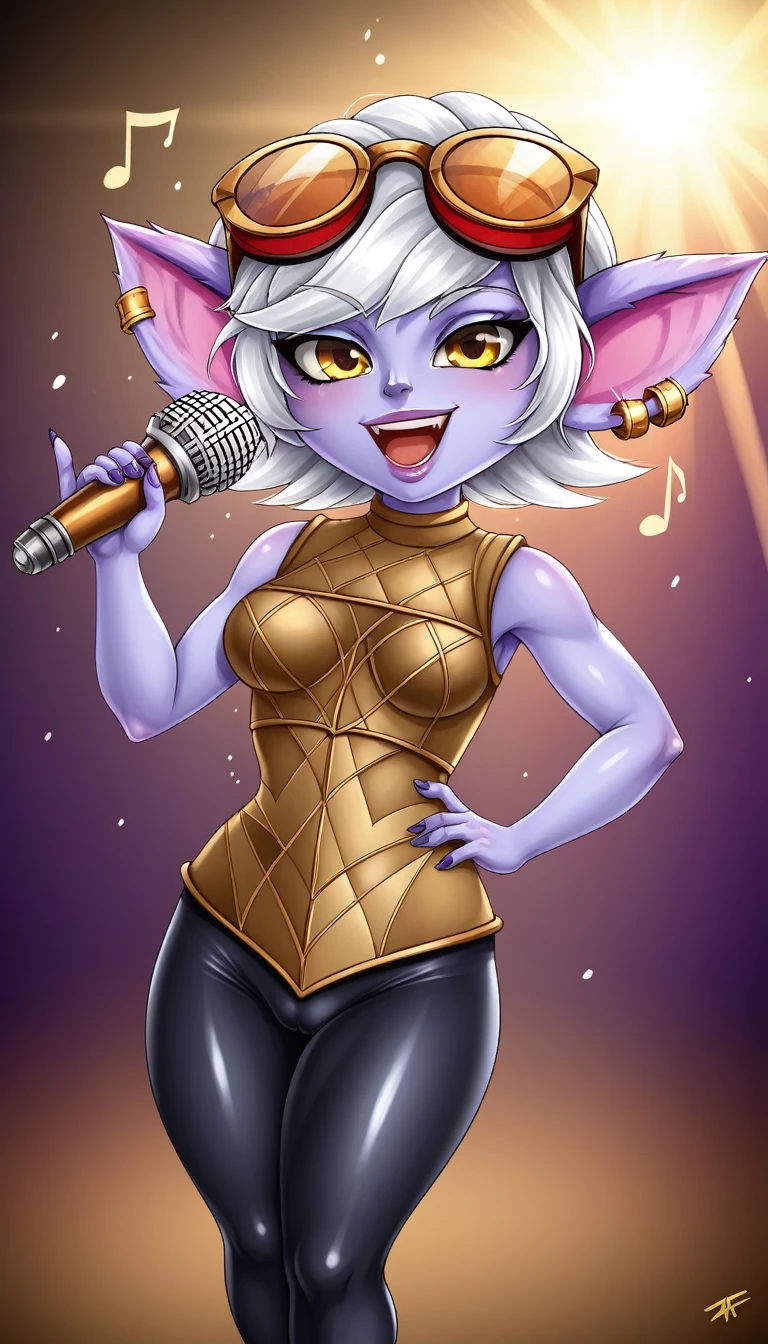 TristanaLoLXL, yordle, yellow eyes, pointy ears, by white, short hair, earrings, glasses on head, purple skin, colored skin. medium breasts, tight roman clothing, singing