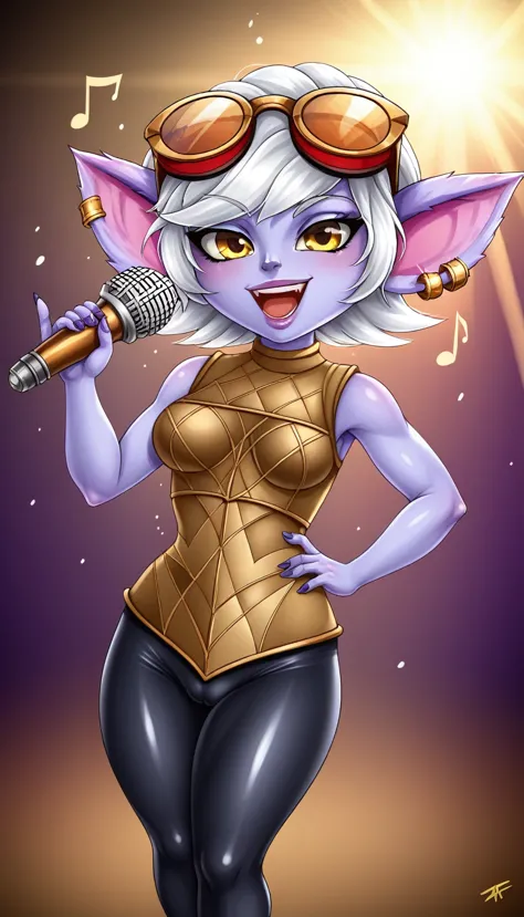 tristanalolxl, yordle, yellow eyes, pointy ears, by white, short hair, earrings, glasses on head, purple skin, colored skin. med...