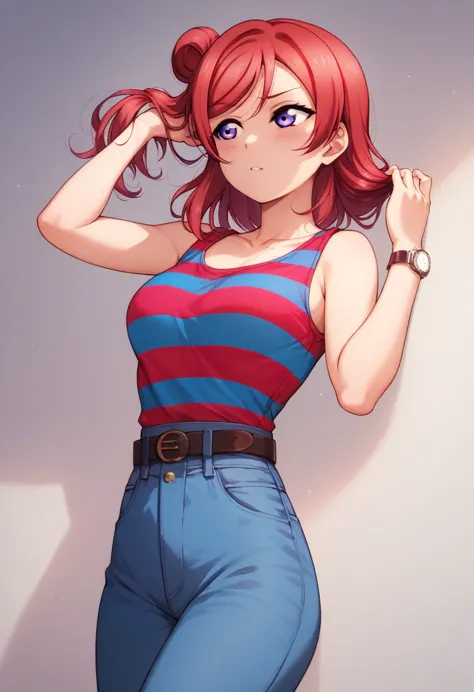 maki nishikino,love live,highres,red hair ,dolo, purple eyes,blush ,collarbone , blue striped shirt, sleeveless,high waist trous...